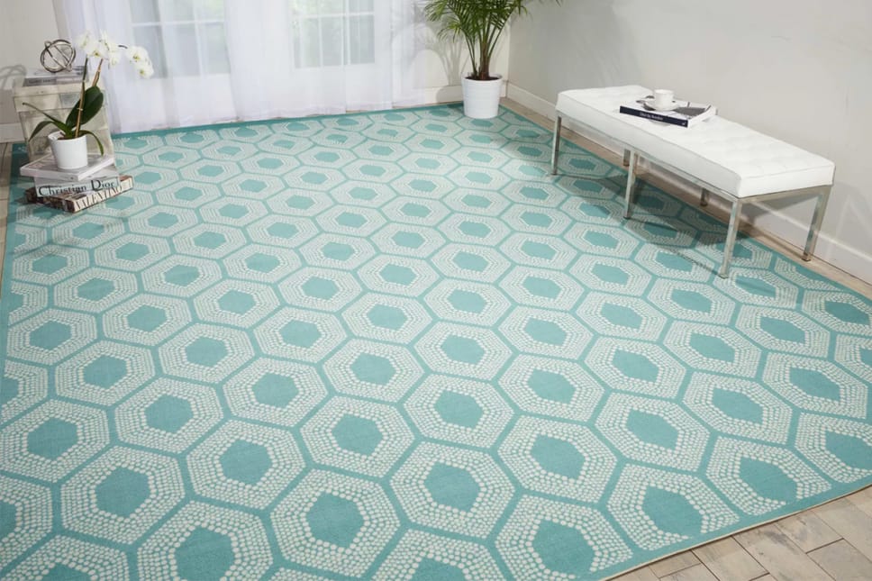 Light blue rug with geometric white line pattern, white bench, green plant