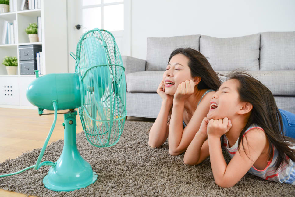 Two girls eating watermelon, sitting on brown shag carpet, teal fan