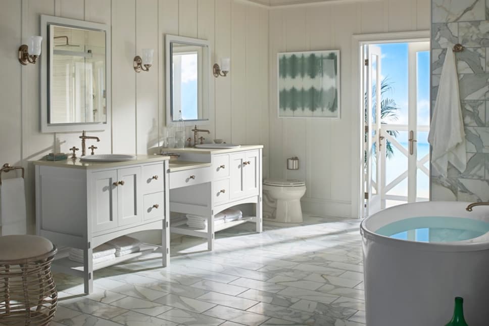 bright white bathroom, window, light blue sky, toilet, sink, wood floor