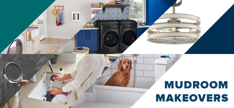 Black stainless washer and dryer set, pull-down faucet, dog getting bath.