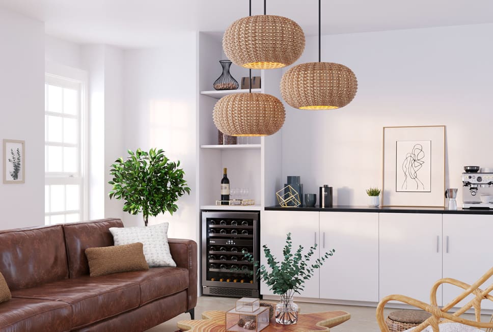 Woven wood oblong shaped pendant lights, organic room, home bar