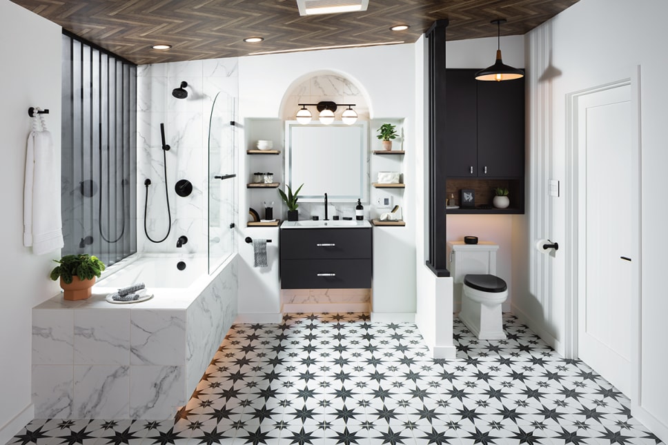 Decco bathroom with black and white star pattern floor tile.