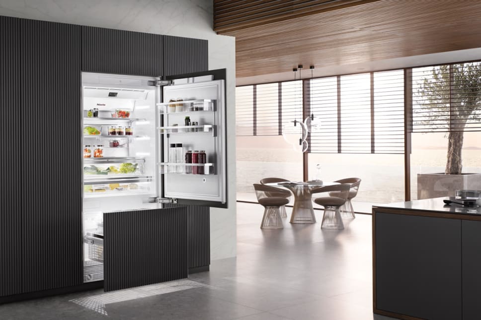 Modern refrigeration unit seamlessly integrated with ribbed paneling.